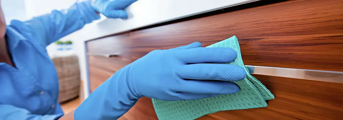 Cleaner wearing blue gloves wiping a wooden cabinet drawer with a microfiber cloth for dust and grime removal, Milwaukee, WI.